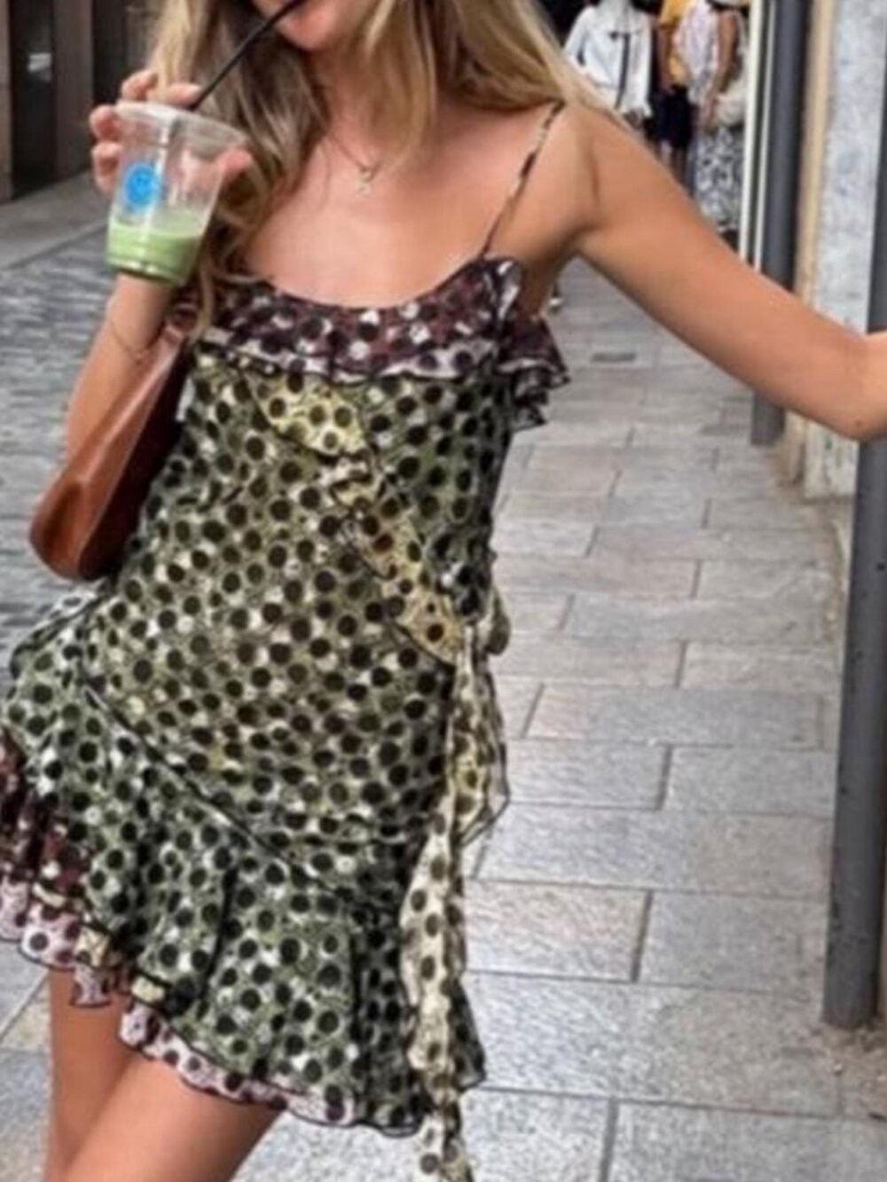 Siedres Mimika Mini dress in green pink yellow animal print and ruffles